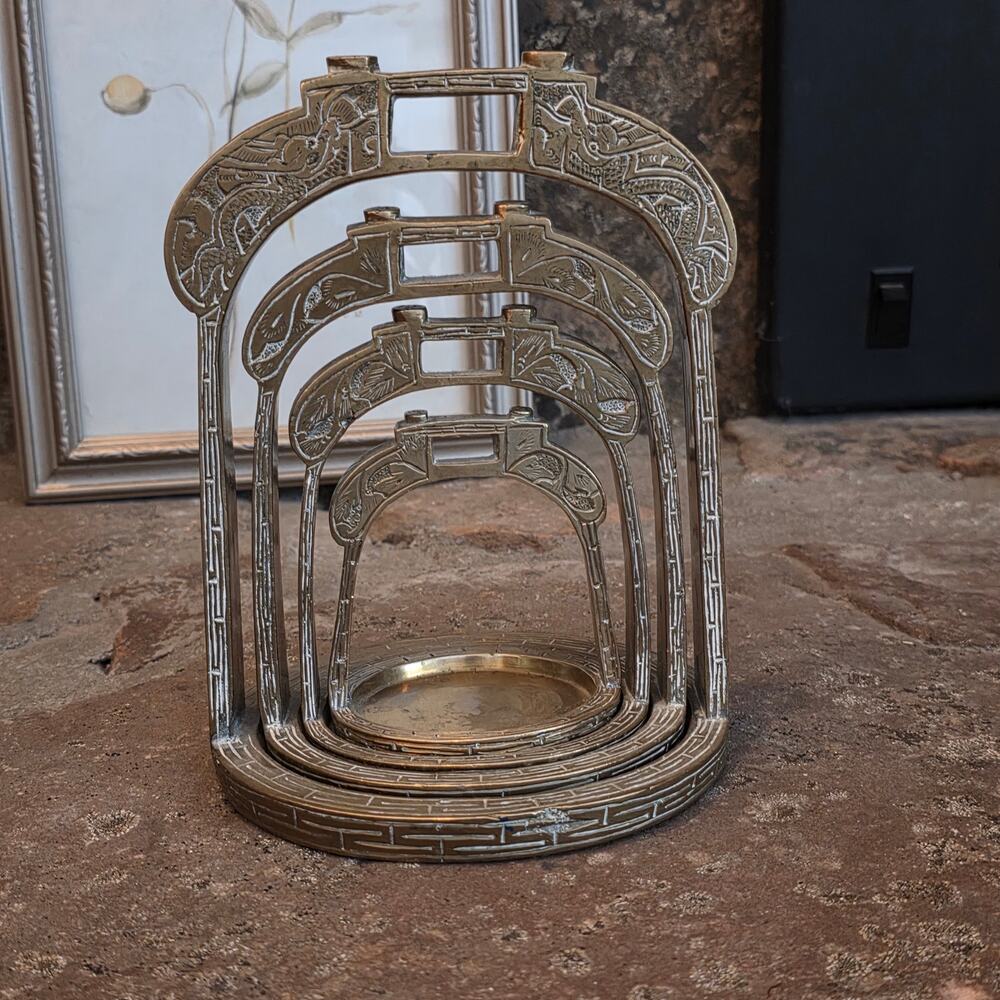 Heavy Solid Brass Nesting Basket Stirrups Asian Aged Patina Intricate Design